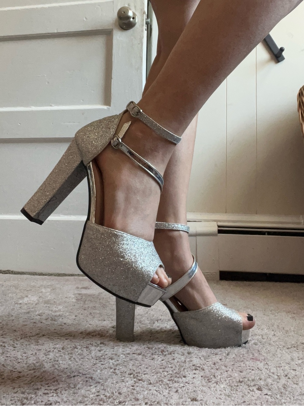 Silver Glitter Platform Block Heel Sandals